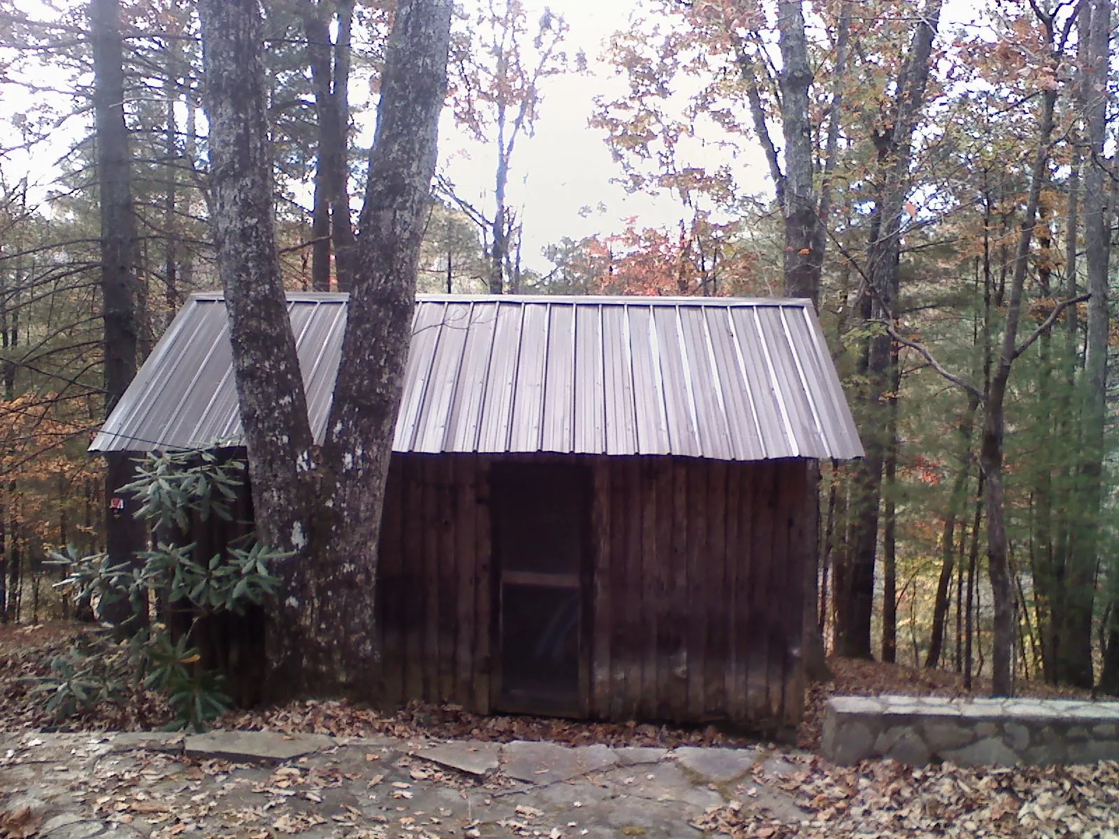 New metal gable roof on a small log shed among the trees in Menifee